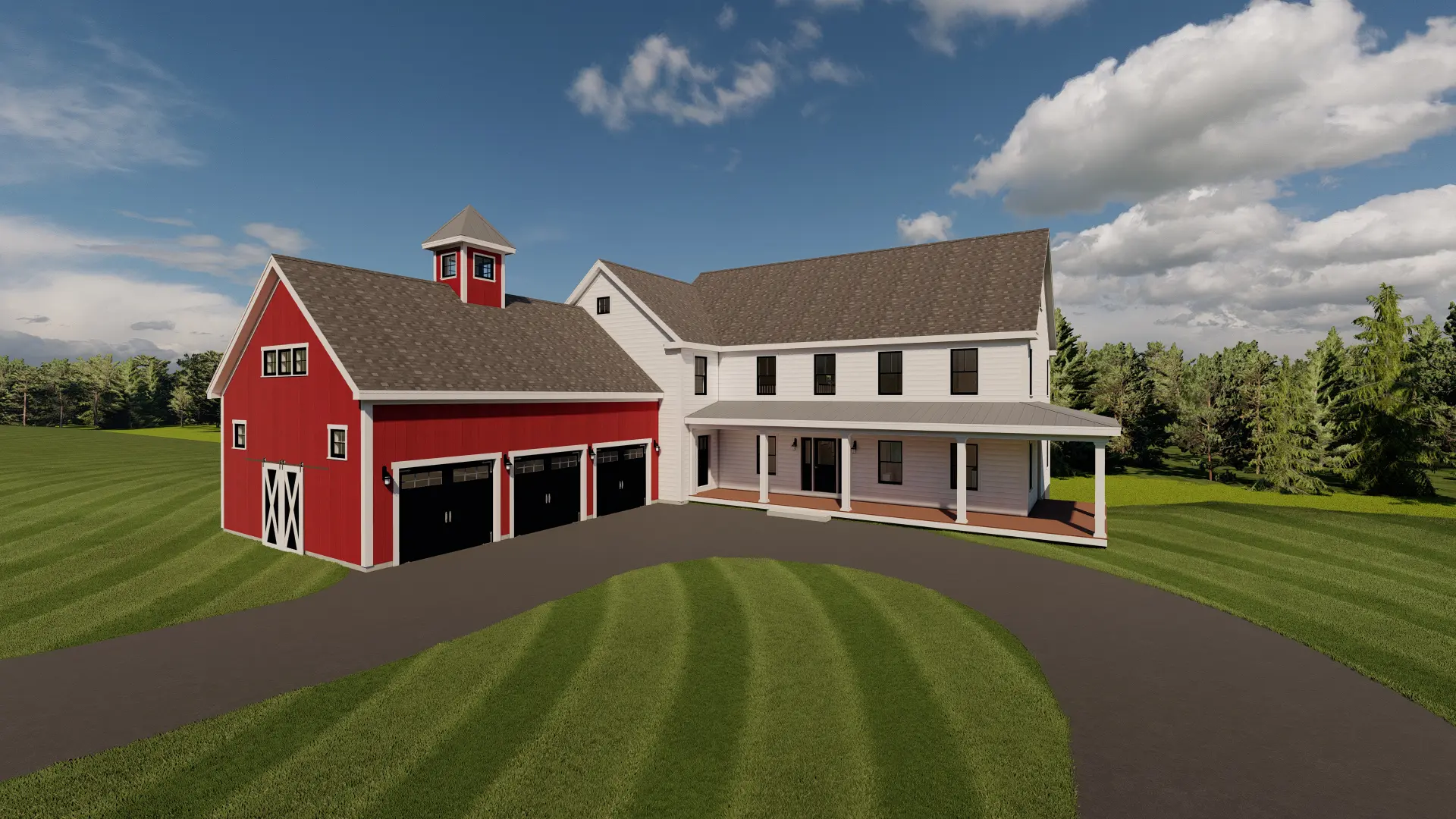 A large red barn sitting next to a house.